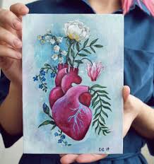 Heart Painting Small Original Painting Anatomy Painting Original Acrylic Anatomic Heart With Flowers Painting Flower Painting Anatomy Heart Painting Canvas Art Painting Art Painting Acrylic