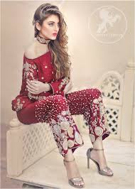 Deep Red Party Wear Dress Short Shirt Embroidered Trouser Party Wear Party Wear Dresses Pakistani Bridal Wear