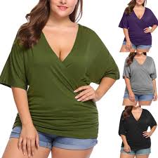 Arti Boyutu Kadin T Shirt Yarim Kollu Duz Renk Derin V Boyun Bayan Tee Gomlek Tisort Rahat Buyuk Boy Kadin T Shirt D30 Tisortler Aliexpress