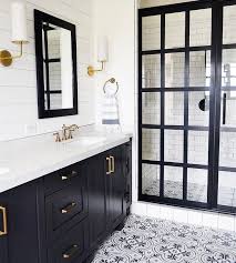 Modern Farmhouse Bathroom With Black Framed Shower Doors Modern Farmhouse Bathroom With Black Fr White Master Bathroom Bathroom Inspiration Black Shower Doors