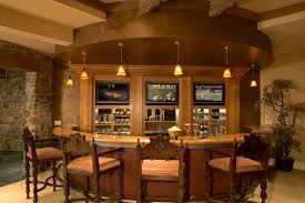 Fantastic Home Bar Design With A Curved Bar And Comfortable Wood Bar Stools From 1 Of 30 Projects By Gelotte Ho Home Bar Designs Bars For Home Home Bar Design