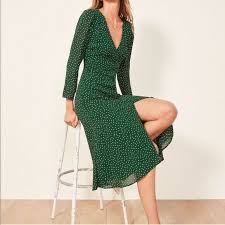 Reformation Dark Green White Polka Dot Long Sleeve Alma Midi Dress Xs Reformation Night Out Dress Dress Sleeve Length Dresses