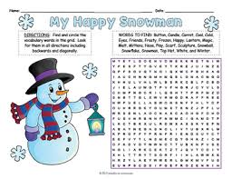 * * * * snowman wearing hat and scarf, with a cane and a gift in hands coloring page. My Happy Snowman Word Search Worksheet Coloring Page Activity Tpt