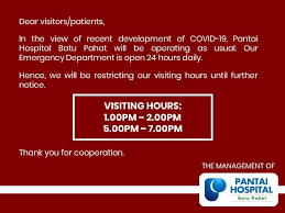 Hari ini melawat abah di hospital banting. Pantai Hospital Batu Pahat We Know That The Public Hospitals Are Overburdened To Support The Nation We Will Keep Our Hospital Open Our Operating Hours Remains The Same Visiting Hours And