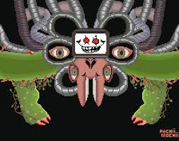 In zone 3, mark runs into zacharie who's wearing a cat mask and pretending to be the judge. Photoshop Flowey Fanart