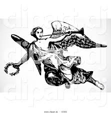Affordable and search from millions of royalty free images, photos and vectors. Vector Clipart Of An Angel Flying With Trumpet And Laurel Black And White Retro Design By Bestvector 12322