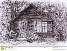 Pen Drawing Cabin House Surrounded By Trees And Shrubs Cabin Pendrawing Drawing Woods Trees Hut House Cabin Homes Pen Drawing
