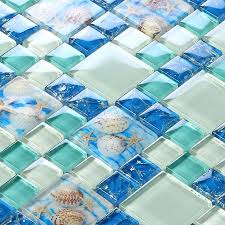 Beach Style Sea Blue Glass Tile Mother Of Pearl Resin Chips Green Aqua Glass Mosaics Wall Art Kitchen Backs Shell Mosaic Tile Blue Glass Tile Beach House Decor