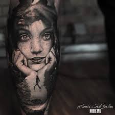 Best Black And Grey Tattoo Designs Freediver Girls Portrait Mens Leg Tattoo Best Tattoo Design Ideas Girl Face Tattoo Leg Tattoos Leg Tattoo Men