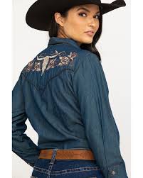 Vintage collection's oak ridge western shirt is embroidered with red and turquoise southwestern designs on the front yoke, back and cuffs. Scully Women S Rose Embroidered Denim Long Sleeve Western Shirt Sheplers