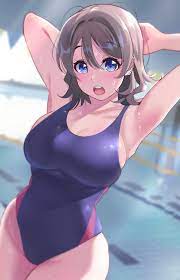 igarashi kyouhei, watanabe you, love live!, love live! sunshine!!,  commentary request, highres, 1girl, :o, armpits, arms behind head, arms up,  bare hips, blue eyes, blue one-piece swimsuit, blurry, blurry background,  blush, breasts,
