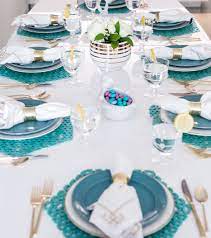 Read on to see how this easter lunch table came together. Turquoise And White Easter Lunch Table Setting