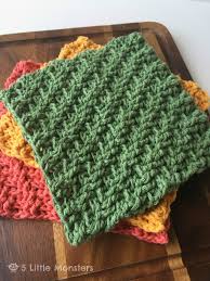 1 project, in 20 queues. 5 Little Monsters Diagonal Weave Crochet Dishcloths