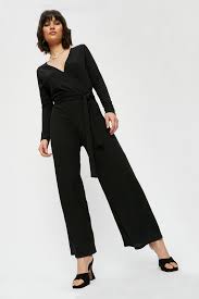 Petite Black Rib Wrap Jumpsuit Dorothy Perkins Uk