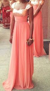 Simple Coral Chiffon And Gold Sequins Long Prom Dresses Chiffon Prom Dresses Coral Bridesmaid Dresses Demoiselle D Honneur Mariage Robe Chic Mariage Robe De Demoiselle D Honneur
