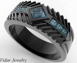 Mens Wedding Band 14k Black Gold Square Blue Diamond Blue Diamond Wedding Band Wedding Band Diamond Blue Diamond Wedding Band Blue Diamond Wedding Ring Black Rings