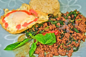 Pad kaprow (ผัดกะเพราหมู) is probably one of the most popular dishes in thailand. Thai Stir Fried Bison With Holy Basil And Fried Egg Bison Pad Ka Prow Khai Ra Berd The High Heel Gourmet