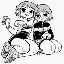 bryan lee omalley, kim pine, ramona flowers, scott pilgrim (comics),  scott pilgrim (series), highres, 2girls, breasts, freckles, greyscale,  high-waist skirt, holding, holding key, jacket, key, medium breasts,  miniskirt, monochrome, multiple girls ...