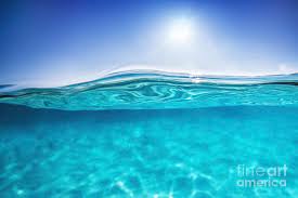 Half Underwater Shot, Clear Water And Sunny Blue Sky. Tropical ...