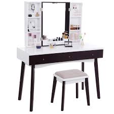 Vanity table with mirror and 2 drawers on the base for storing personal items. Bewishome Vanity Set With Mirror Cushioned Stool Storage Shelves Makeup Organizer 3 Drawers White Makeup Vanity Desk Dressing Table Fst05w Buy Online In Bahamas At Bahamas Desertcart Com Productid 93092418