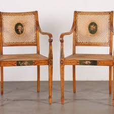 Pair Of Edwardian Adam Style Cane Back Arm Chair Furniture Vintage Furniture Retro Chair