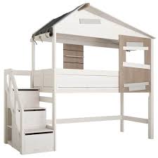 Structure en mdf de haute qualité et pieds en bois de. Lit Cabane Mi Hauteur 90x200cm Escalier The Hideout Lifetime White Wash Abitare Kids