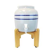 Blue Stripe Porcelain Water Crock Dispenser With A Wood Stand Fits 3 Gallon 4 Gallon Or 5 Gallon Drinkin Fancy Water Bottles Water Dispenser Stand Water Bottle