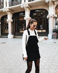 Cute Black Overall Dress With White Sweater Winter Dress Outfits Fashion Outfits Invierno