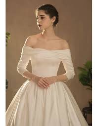 In case if it's too chilly for a strapless dress or you are looking for something comfier to wear, a cap sleeve wedding gown is a perfect solution. Junoesque Simple Ruched Off The Shoulder Satin Wedding Dresses With 3 4 Long Sleeves Us 168 99 Buybuystyle Com Wedding Dresses Aqua Bridesmaid Dresses Wedding Dresses Satin