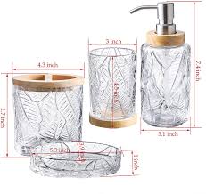 Top sellers most popular price low to high price high to low top rated products. Buy Kmwares Clear Glass Farmhouse Bathroom Accessory Sets 4pcs Includes Hand Soap Dispenser Toothbrush Holder Soap Dish Tumbler Leaf Pattern Wood Decor Online In Indonesia B086ylvb3r