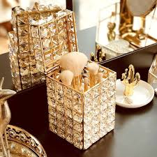 Fashion Golden Crystal Dressing Table Makeup Brush Organizer Pen Holder With Lid Eyebrow Pencil Square Storage Box Holder In 2020 Dressing Table Jewellery Box Storage Box Cosmetic Storage