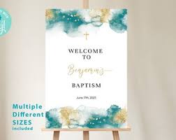 Communion Welcome Sign, Gold & Teal, EDITABLE Baptism Poster Template,  Confirmation, Christening Watercolor Sign, for Boy or Girl BA07-16