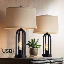 360 Lighting Modern Industrial Black Table Lamps Set Of 2 With Nightlight Led Usb Port Linen Shade For Living Room Bedroom Black Table Lamps Table Lamp Sets Farmhouse Table Lamps