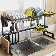 A strong water jet flows into the basin. Stainless Steel Shelf Dishes Drying Sink Drain Rack Storage Set For Kitchen Ebay