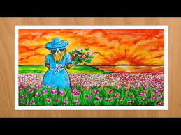 How to draw a simple flower? How To Draw A Beautiful Flower Garden Scenery Flower Plucking Girl Step By Step Oil Pastel Art Youtube