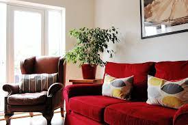 Red Sofa With Brown Leather Armchair And White Grey And Yellow Cushions Contemporary Des Brown Sofa Living Room Yellow Living Room Brown And Blue Living Room