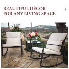 Suncrown 3 Piece Outdoor Patio Wicker Bistro Rocking Chair Set Two Chairs With Glass Coffee Table Beige White Cushion Black Walmart Com Rocking Chair Set White Cushions Outdoor Wicker Chairs