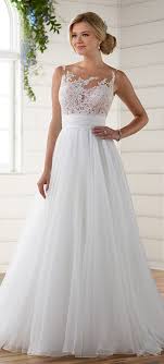 Stunning Tulle Organza Illusion Scoop Neckline A Line Wedding Dresses With Lace Appliques Lacewed Wedding Dress Necklines Bridal Dresses Aline Wedding Dress