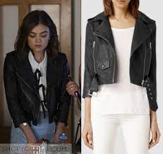 Pretty Little Liars Season 7 Episode 12 Aria S Black Leather Jacket Shop Your Tv Leather Jacket Shopping Pretty Little Liars Fashion Pretty Little Liars Outfits