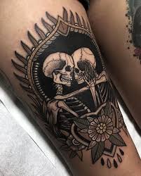Blackwork style original painted tattoo of mermaid skeleton. Tattoo By Hellville Arts Traditional Traditionaltattoo Traditionalartist Oldtattoo Oldschooltattoo Tat Leg Tattoos Tattoos Thigh Tattoo