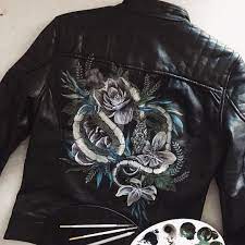 Painted Leather Snake Jacket With Florals By Maggie Enterrios Littlepatterns Painted Leather Jacket Floral Leather Jacket Painting Leather