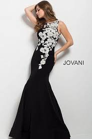 Black And White Evening Gown Jovani Dress 41715 Black And White Long Fitted Floral Embroidered Boat Neck Dress Black And White Evening Dresses Jovani Evening Dress White Dress Formal