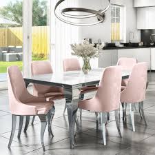Formal dining set dinning table design round pedestal dining table glass dining room table furniture dining table elegant dining room luxury dining looking for modern dining room ideas with furniture and decor? Mirrored 160cm Dining Table Set With White Glass Top 6 Pink Velvet Chairs Buyitdirect Ie