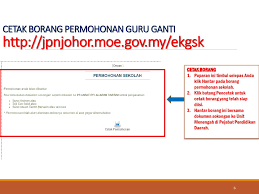 Berikut adalah gambar iklan bagi permohonan jawatan guru ganti pulau pinang bagi tahun 2019: Borang Permohonan Guru Ganti 2019 Borang Permohonan Guru Ganti Kgsk Ranc Akbana Semakan Status Permohonan Guru Tabika Kemas 2019