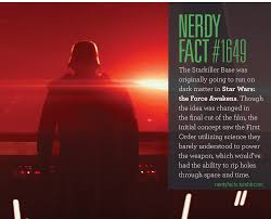 Dark matter is distinct from dark energy only in that it is more like matter, adhering to itself. Nerdy Facts Nerdy Fact 1649 The Starkiller Base Was