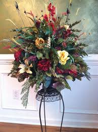 Large Elegant Traditonal Floral Arrangement Dining Room Entry Foyer Table Centerpiece Burgandy Gold Brown Cream Oval Pedestal Container Arreglos Florales Artificiales Arreglos Florales Modernos Arreglos Florero