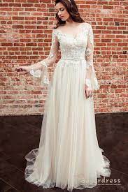 A Line Appliqued Flowy Wedding Dress With Ruffled Sleeves From Sugerdress Wedding Dress Long Sleeve Wedding Dress Sleeves A Line Wedding Dress