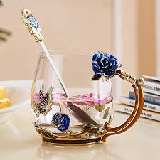 Enamel Glass Rose Flower Tea Cup Set Spoon Coffee Cup Cold Drinks Beer Mug Newchic Mobile Flower Tea Tea Cup Set Tea Cups