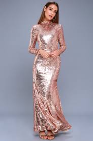 Mac duggal gold leaf appliqué tulle gown. Chic Rose Gold Dress Sequin Dress Long Sleeve Maxi Dress Lulus