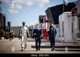 Adam McDaid (GBR) Williams Racing Social Media Manager with George Russell  (GBR) Mercedes AMG F1. Sakhir Grand Prix, Thursday 3rd December 2020.  Sakhir, Bahrain Stock Photo